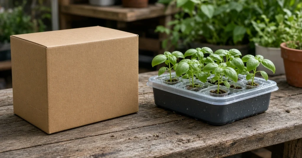 Plain box of plant food beside a small hydroponic basil tray