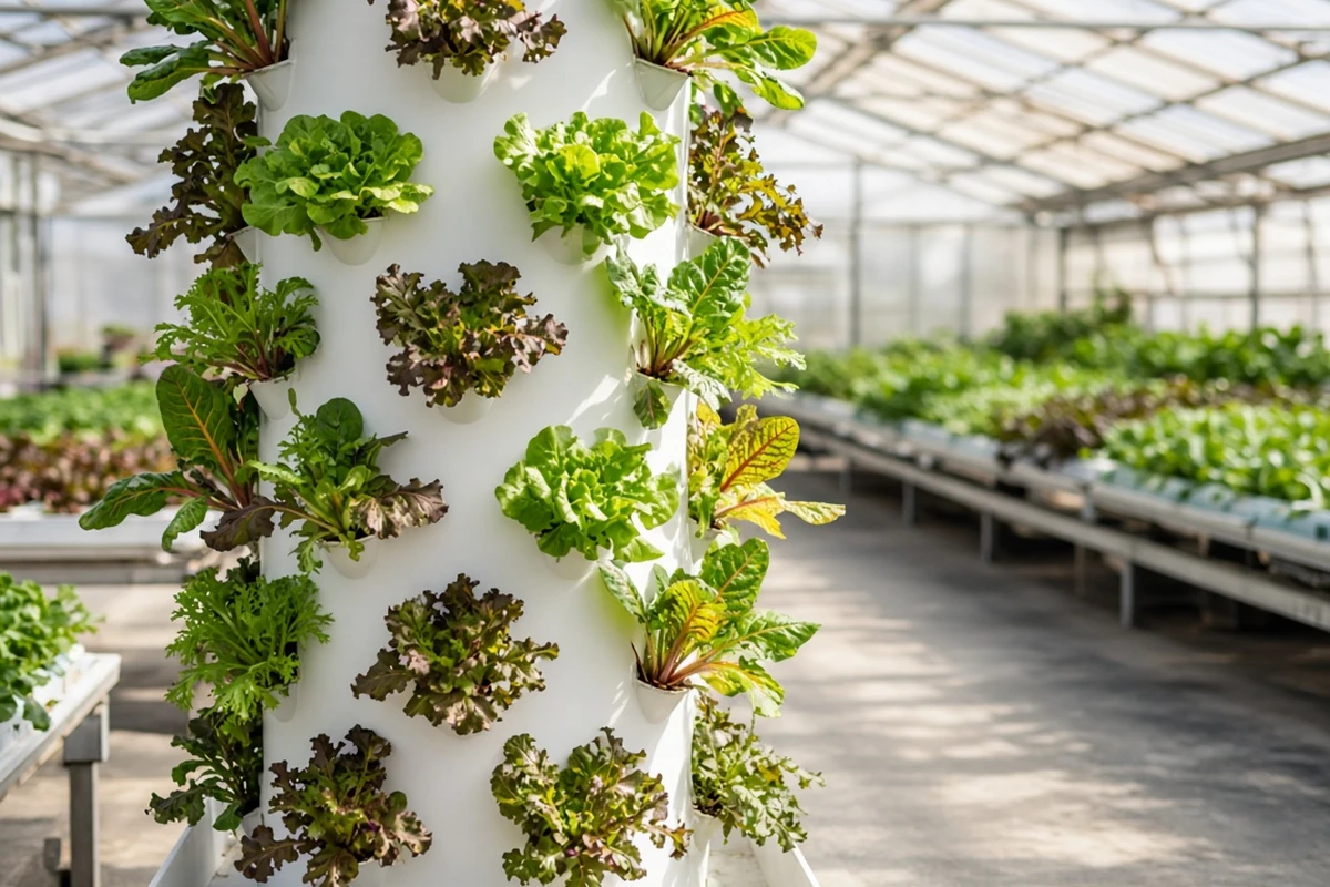 Mixed greens growing in a vertical tower