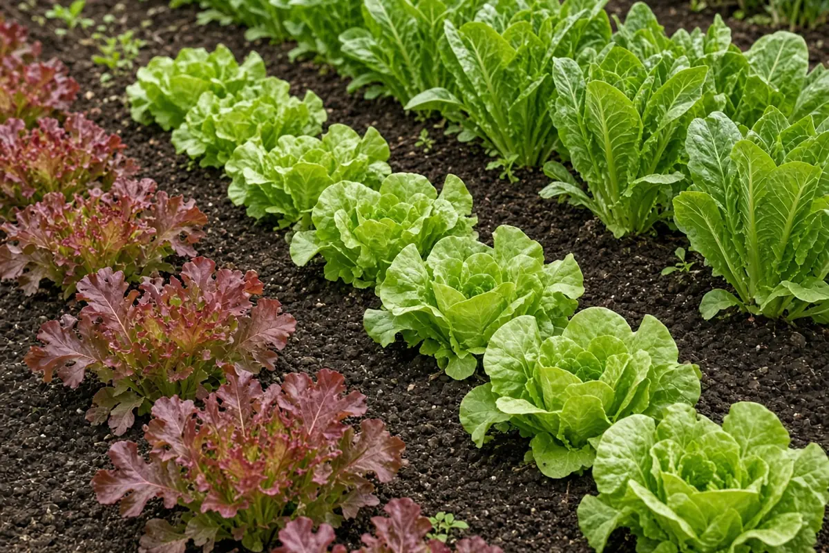Mixed lettuce types in a bed