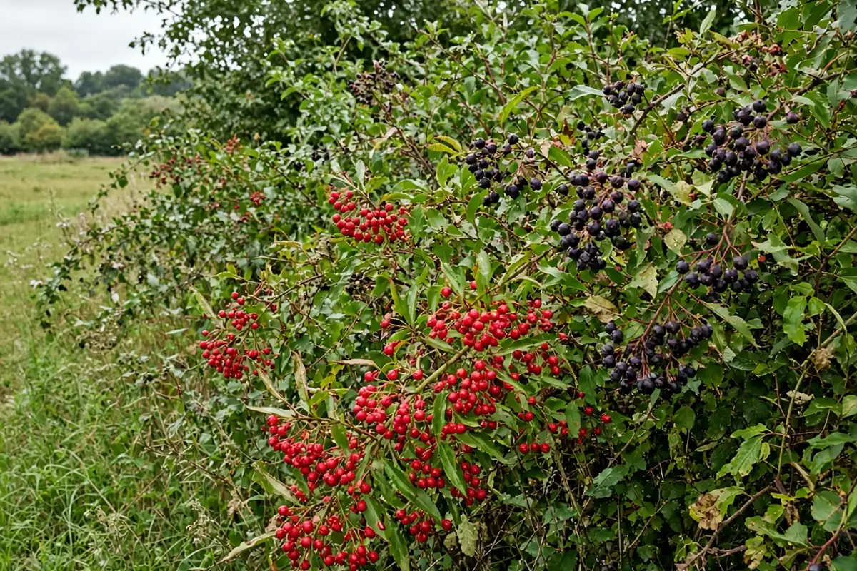 Mixed native hedgerow with berries in late summer