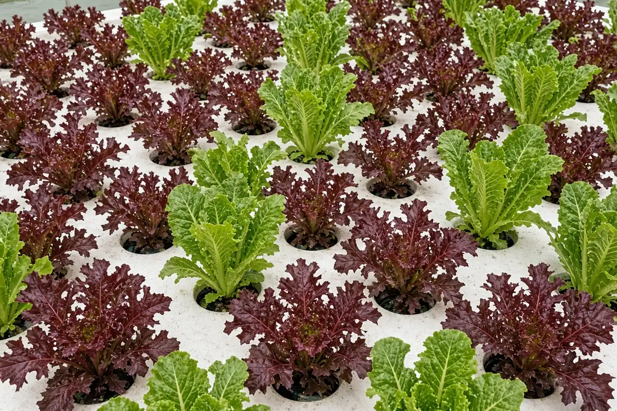 Mixed red and green hydroponic lettuce