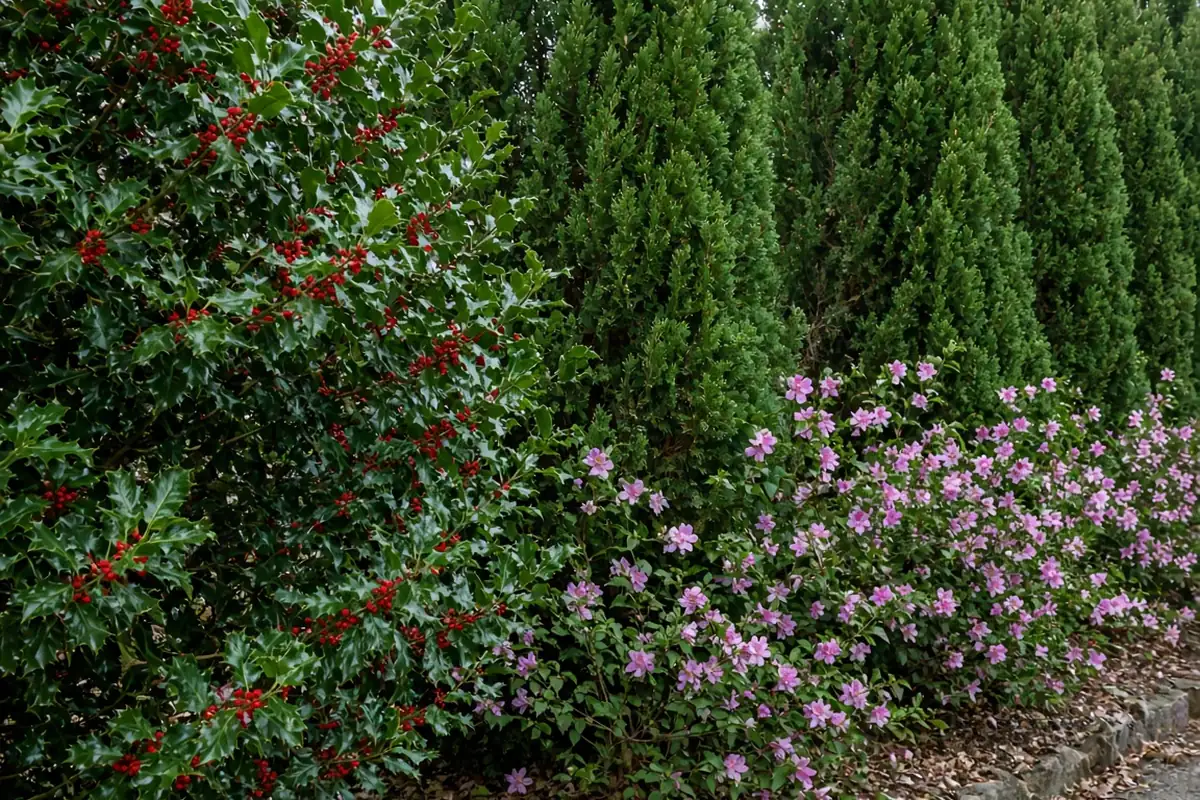 Mixed screen of holly with red berries, evergreens and flowering shrubs