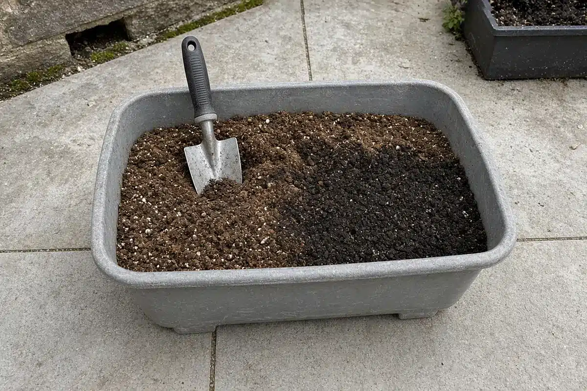 Compost mixed into used potting soil in a tub