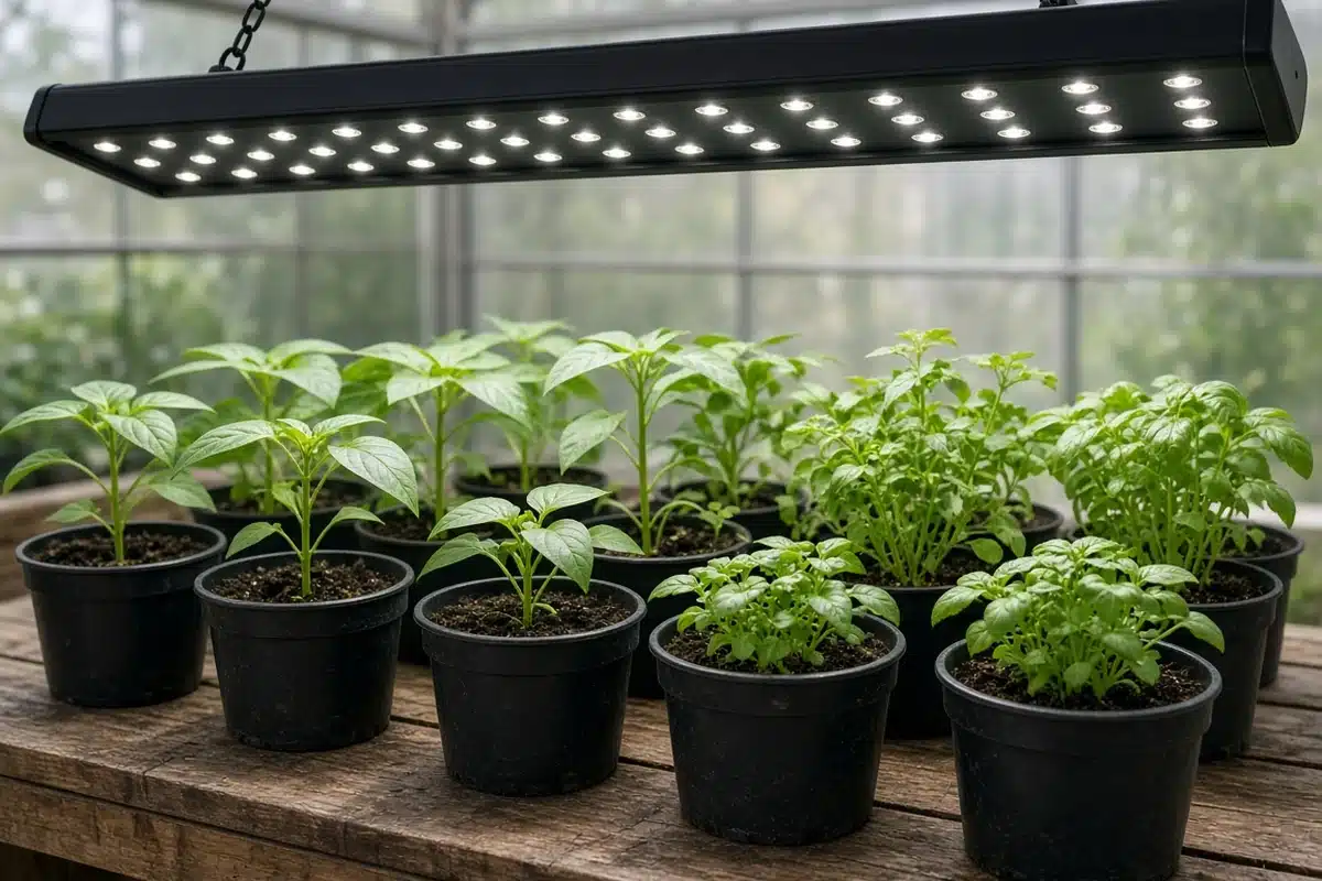 Modern LED fixture over a bench of plants