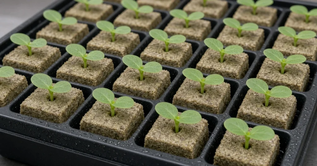 Rockwool cubes with seedlings on a tray