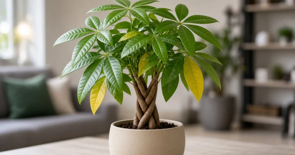 Money tree with braided trunks and a few yellow leaves