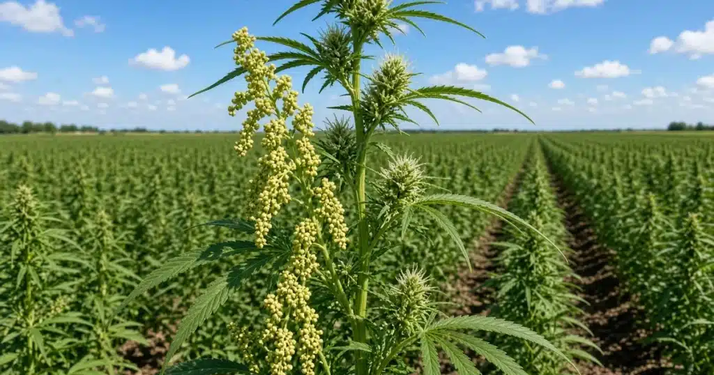 Tall monoecious cannabis growing among field rows with clusters of pollen flowers and seed bearing flowers on the same stem
