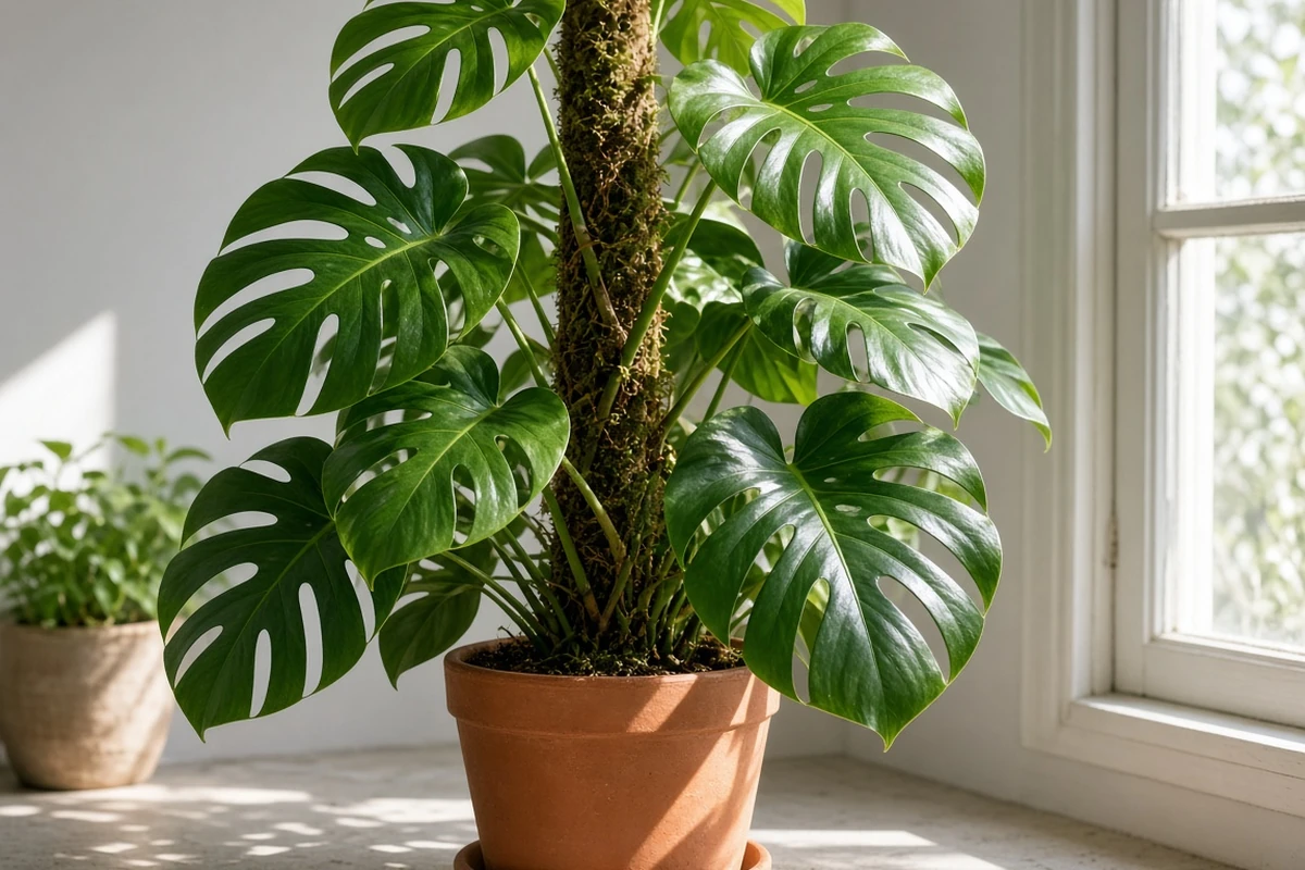 Monstera climbing a moss pole in bright light