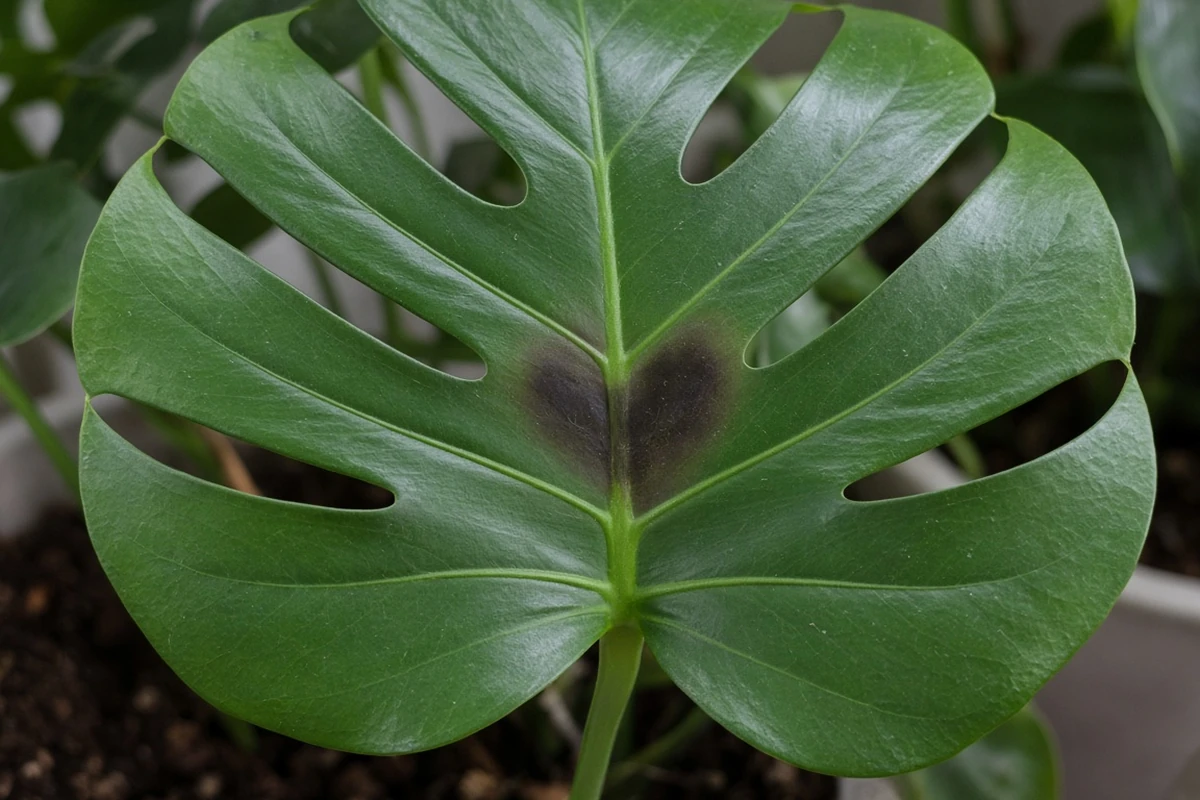 Monstera leaf with a soft brown patch