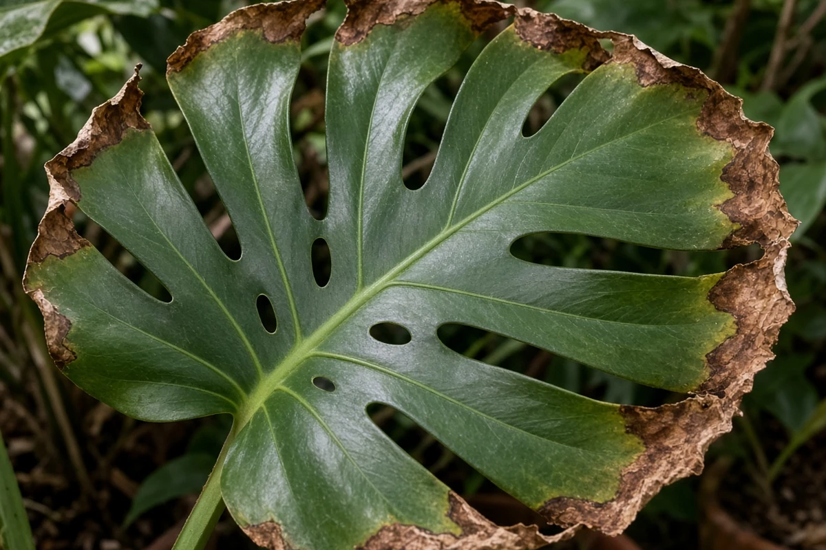 Monstera leaf with crispy brown edges
