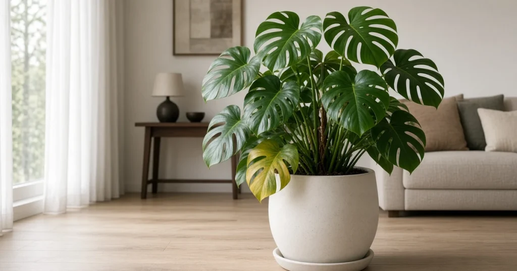Monstera plant with one yellowing lower leaf