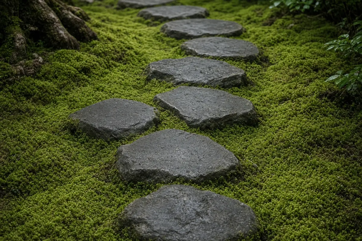 Moss and stepping stones in a shaded garden