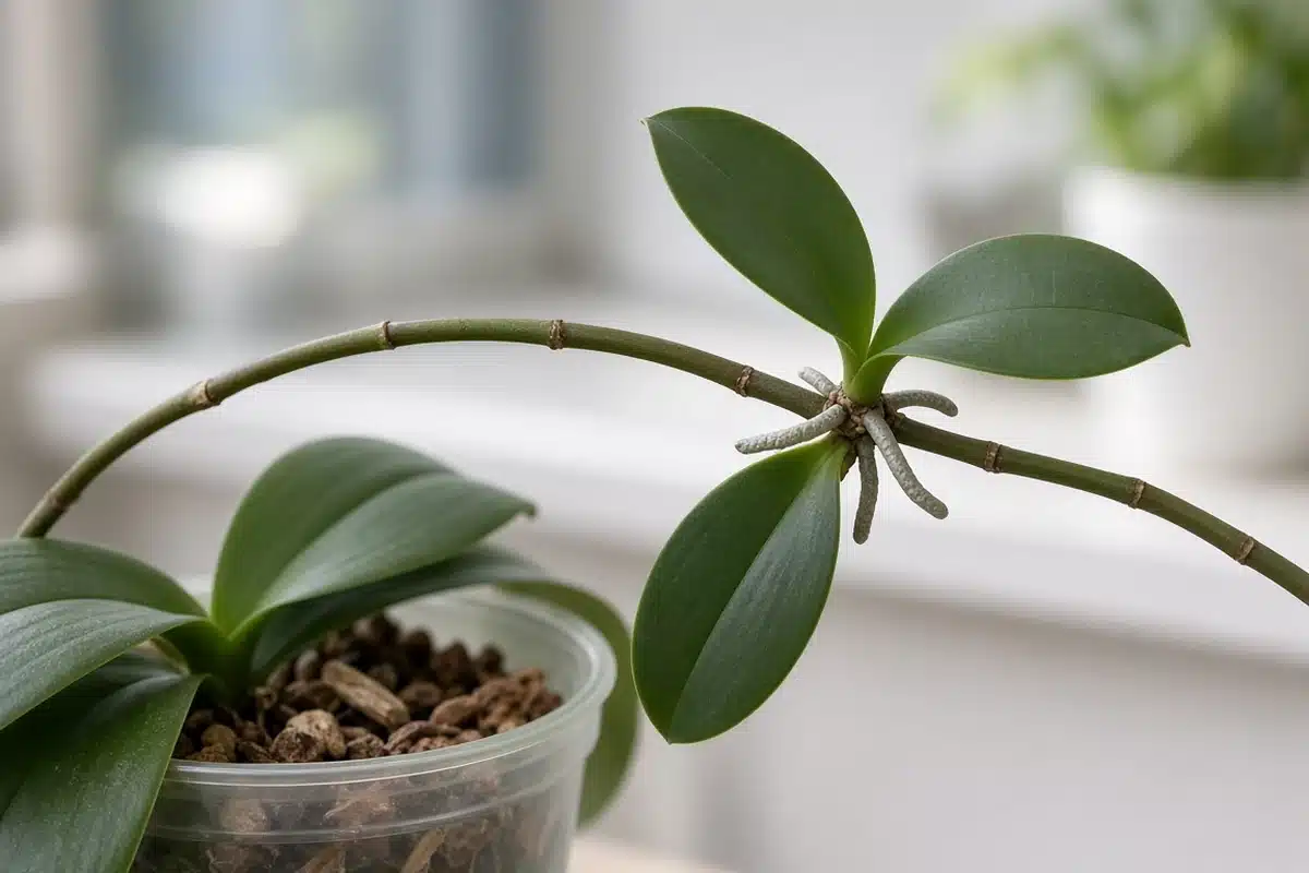 Moth orchid with a plantlet growing on its stem