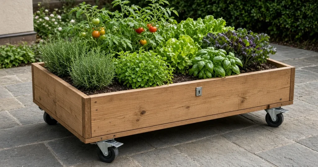 Wooden planter box of vegetables and herbs on locking casters on a patio