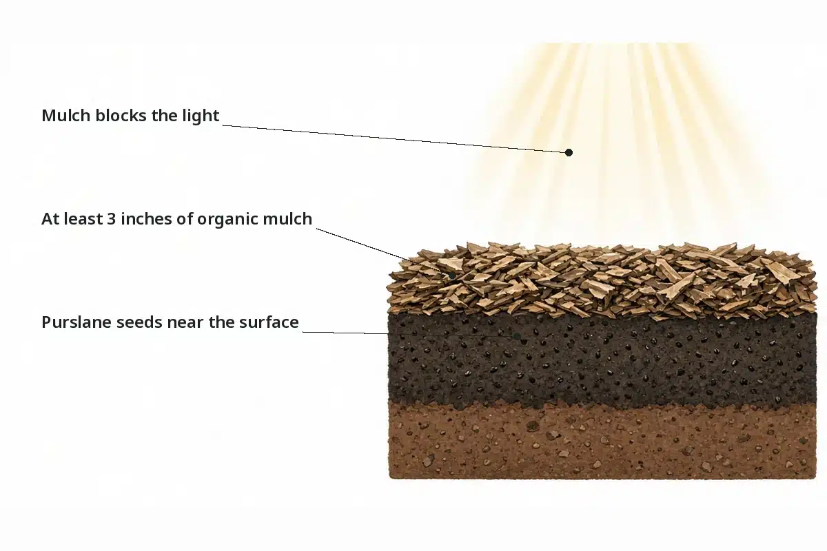 Cross section of a garden bed with at least 3 inches of organic mulch blocking light from purslane seedlings below