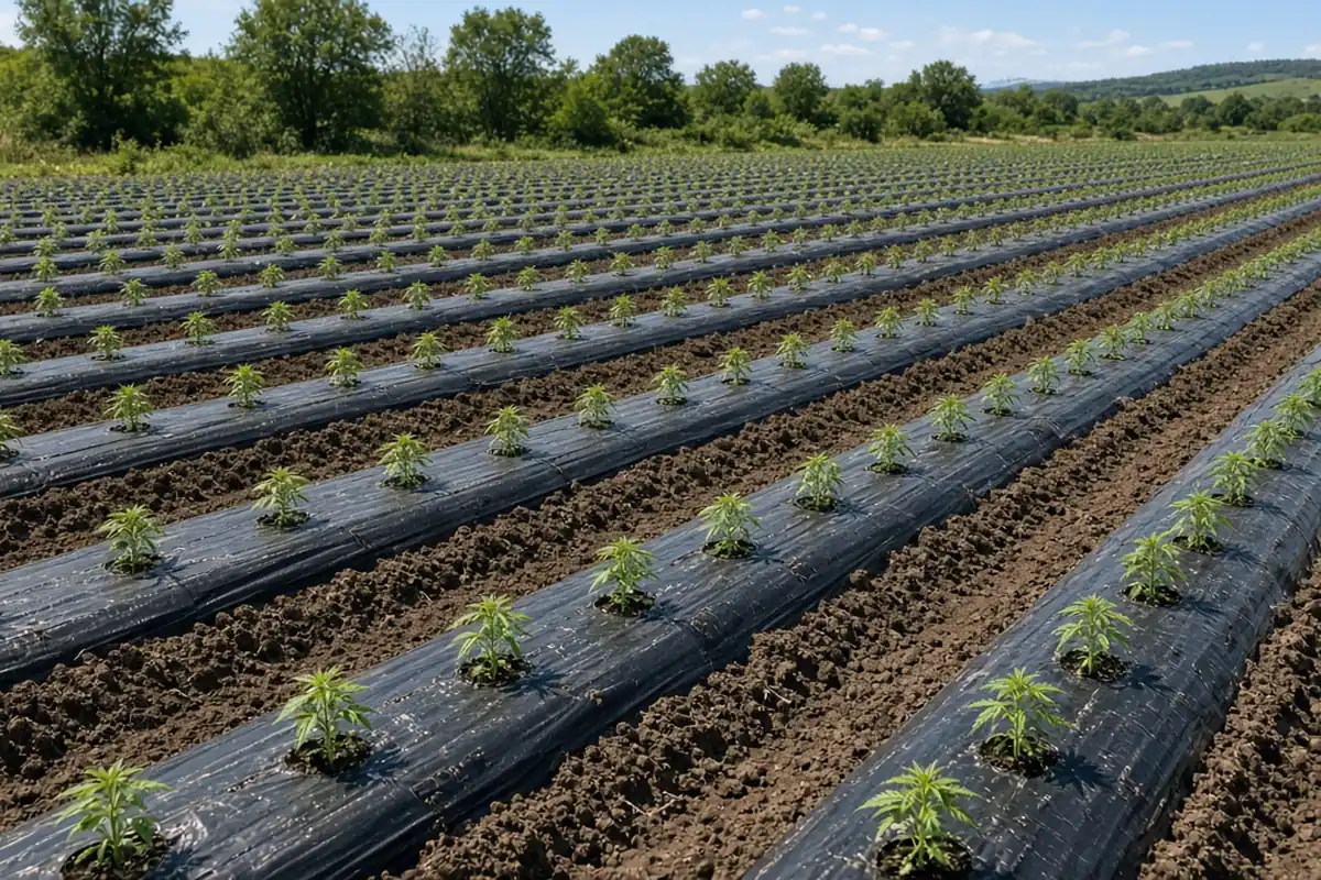 Photo-style illustration of young hemp plants growing through holes in black plastic mulch on raised rows in a field