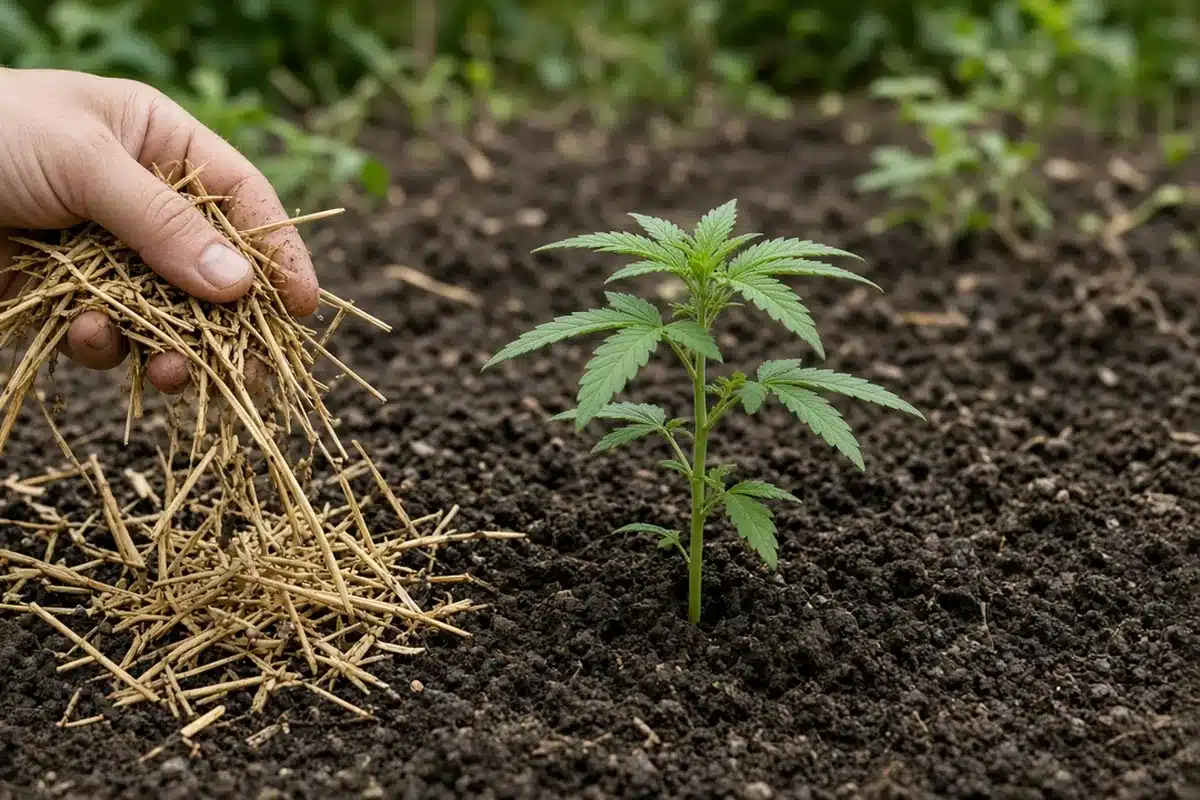 Photo-style illustration of one hand spreading straw mulch on a garden bed, leaving bare soil around a cannabis stem