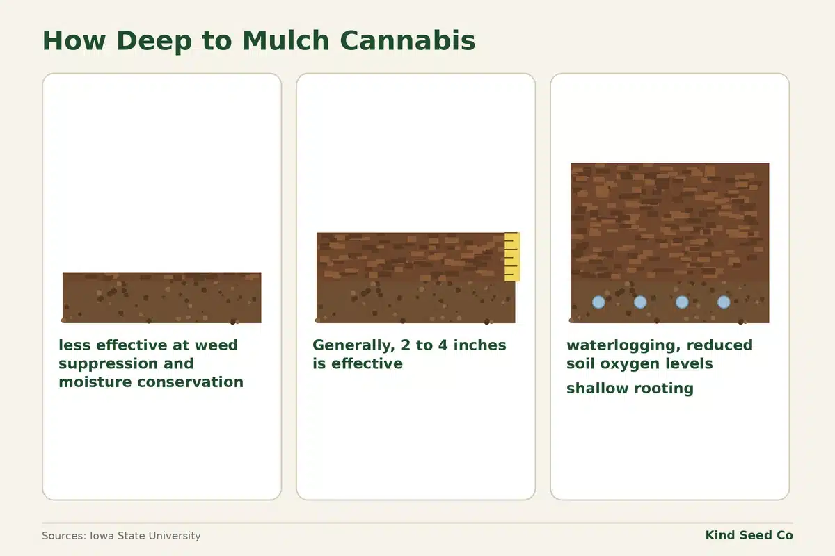 Diagram of three mulch depths: too thin, 2 to 4 inches, and too deep with waterlogging and less soil oxygen