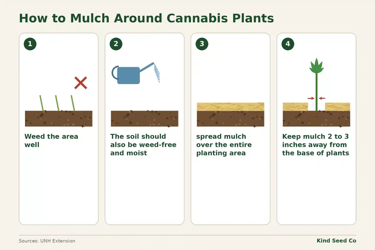 Numbered diagram of mulching around a cannabis plant: weed, moist soil, spread, keep 2 to 3 inches from the stem