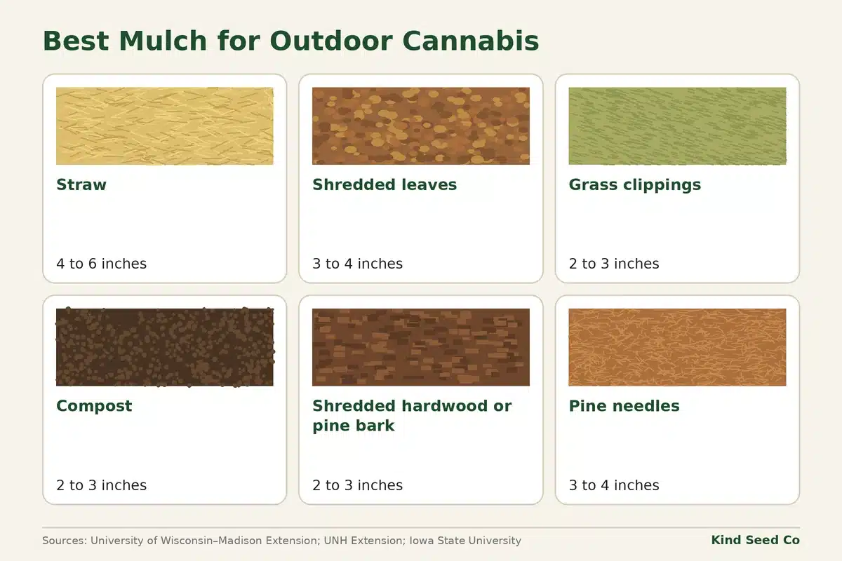 Chart of six organic mulches with depths: straw, shredded leaves, grass clippings, compost, bark, pine needles