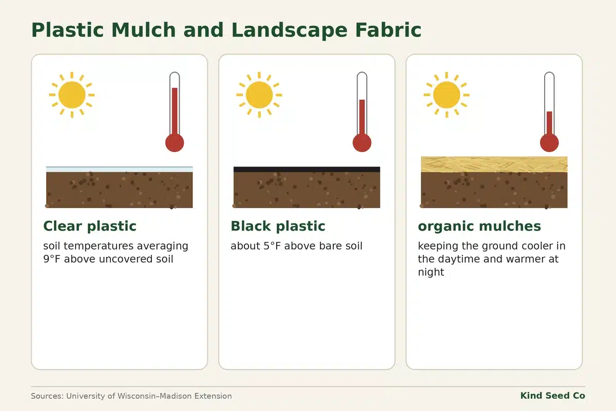 Diagram comparing soil warming under clear plastic, black plastic and organic mulch, with temperatures