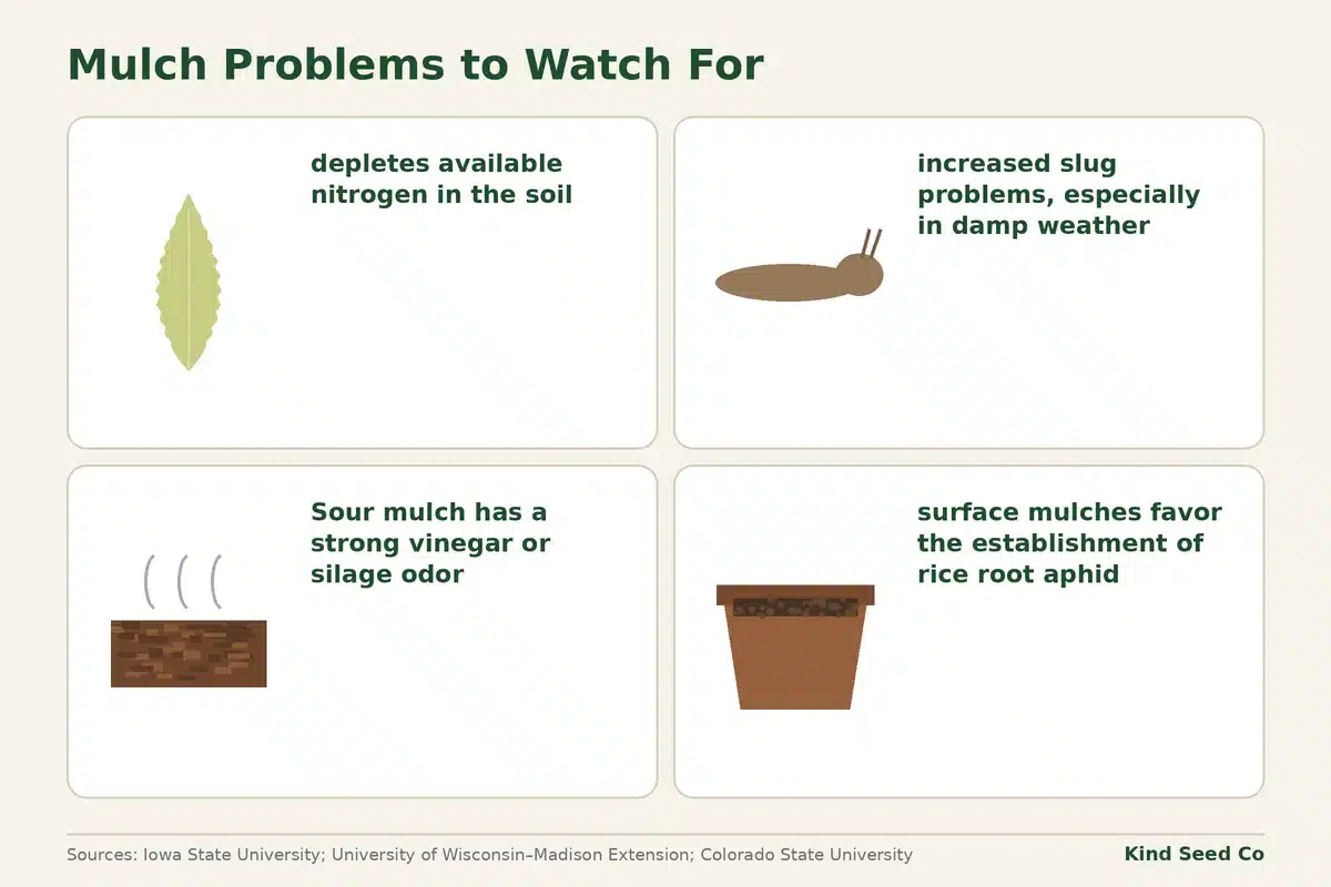 Diagram of four mulch problems: nitrogen loss, slugs, sour mulch with a vinegar odor, and root aphids