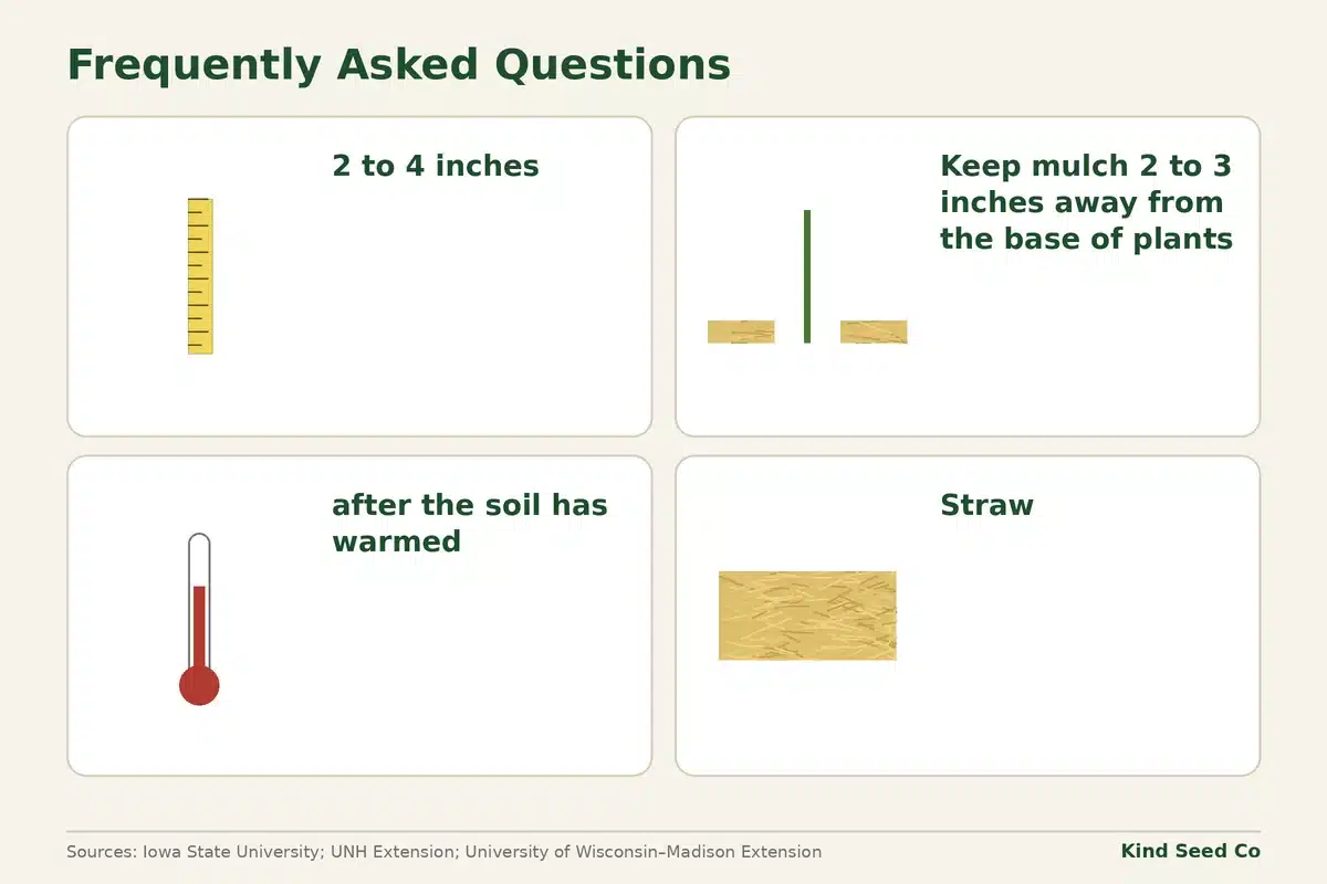 Mulch fact card: 2 to 4 inches deep, keep mulch 2 to 3 inches away from the base of plants, apply after the soil has warmed