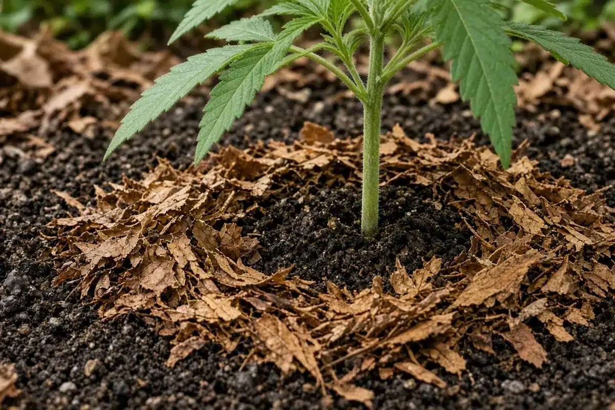 Photo-style illustration of shredded brown leaf mulch spread over dark garden soil around a cannabis plant stem