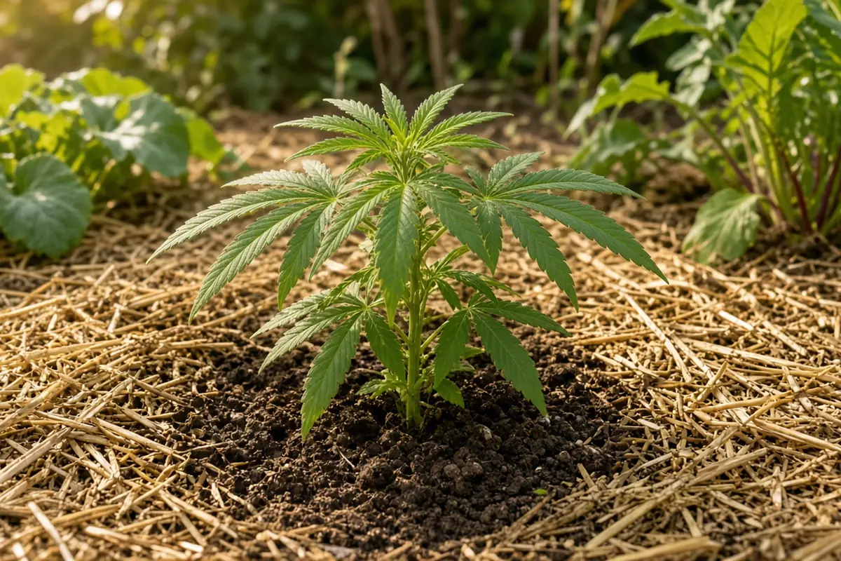 Photo-style illustration of straw mulch around a young outdoor cannabis plant, with bare soil at the stem