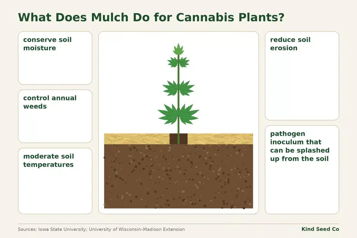 Diagram of a mulched cannabis bed with its benefits: soil moisture, weed control, soil temperature, less erosion