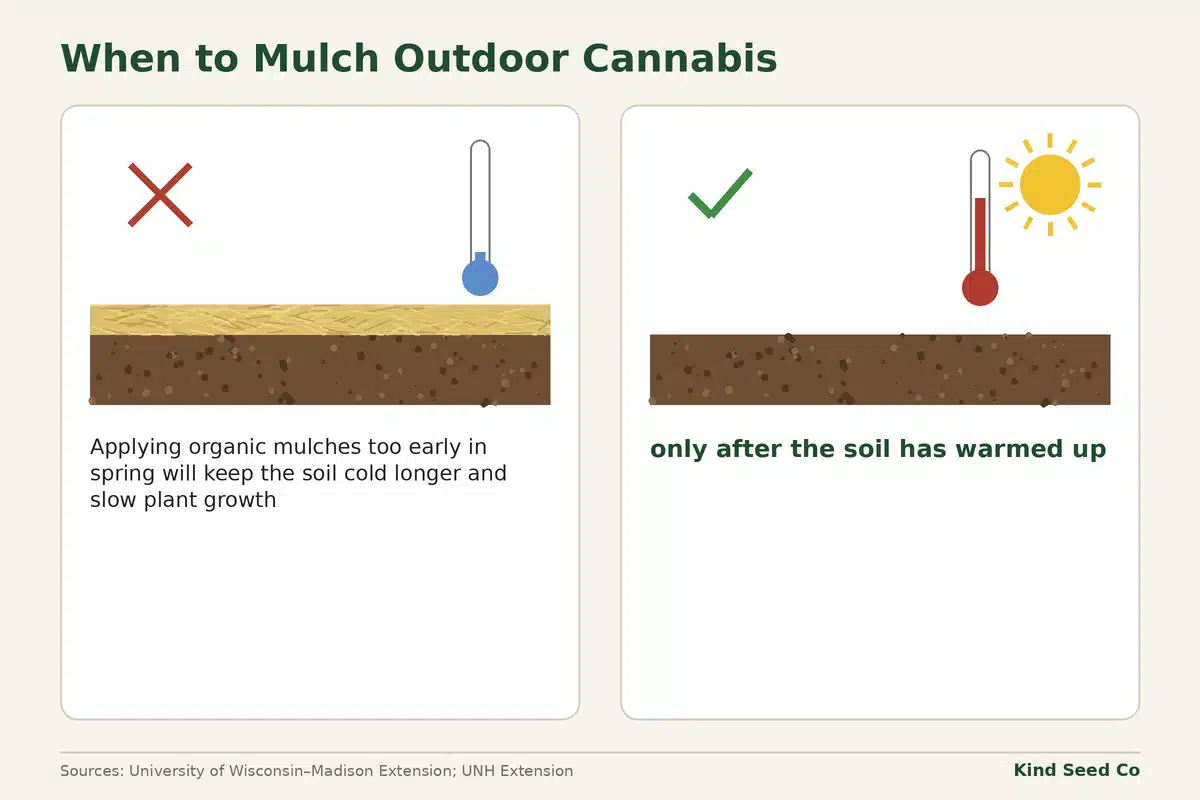 Diagram showing organic mulch goes on only after the soil has warmed up, since early mulch keeps soil cold