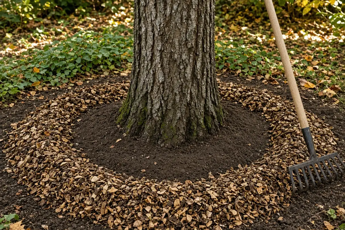 Mulch ring pulled back from a tree trunk