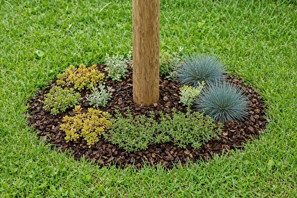 Mulched bed with low plants around a post