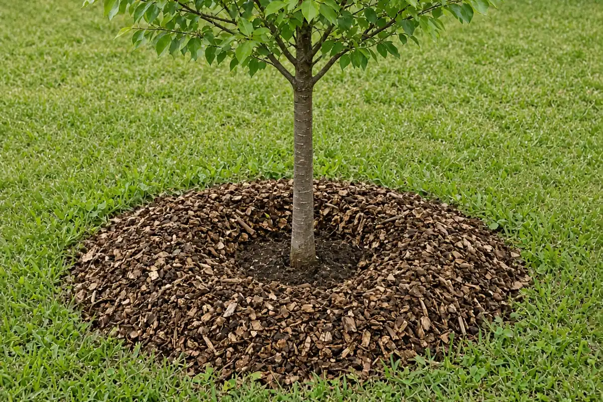 Mulched circle around a newly planted tree