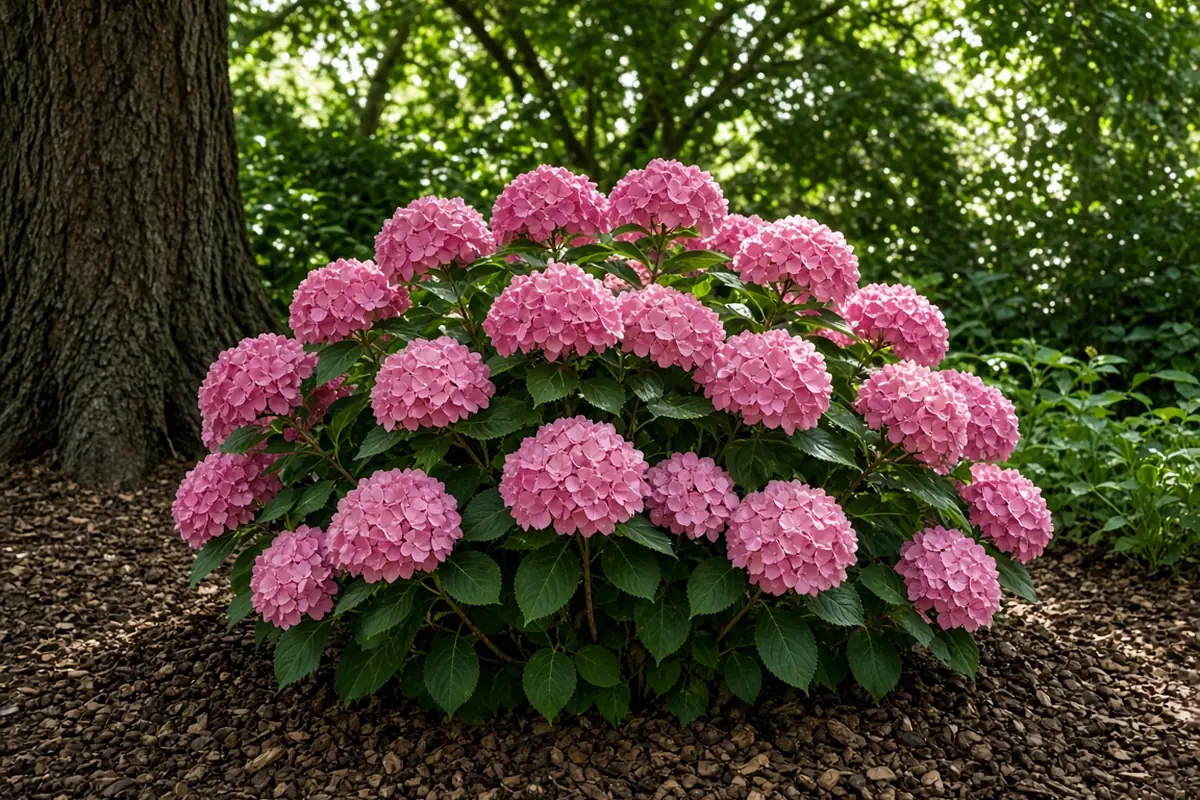 Mulched hydrangea shrub in partial shade