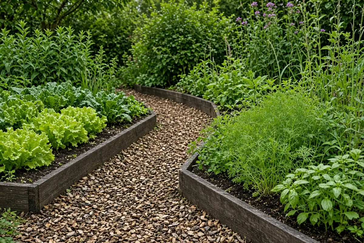 Mulched path between garden beds