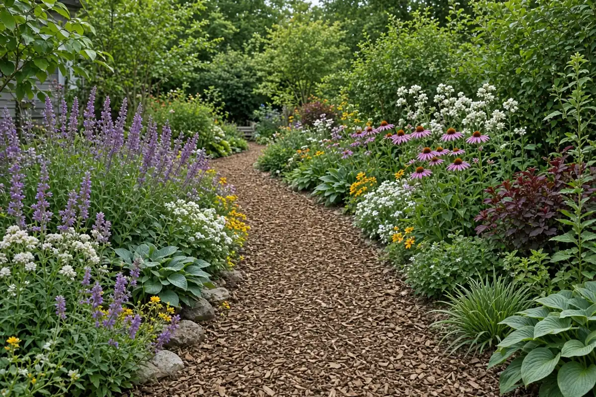Mulched path through a front yard garden