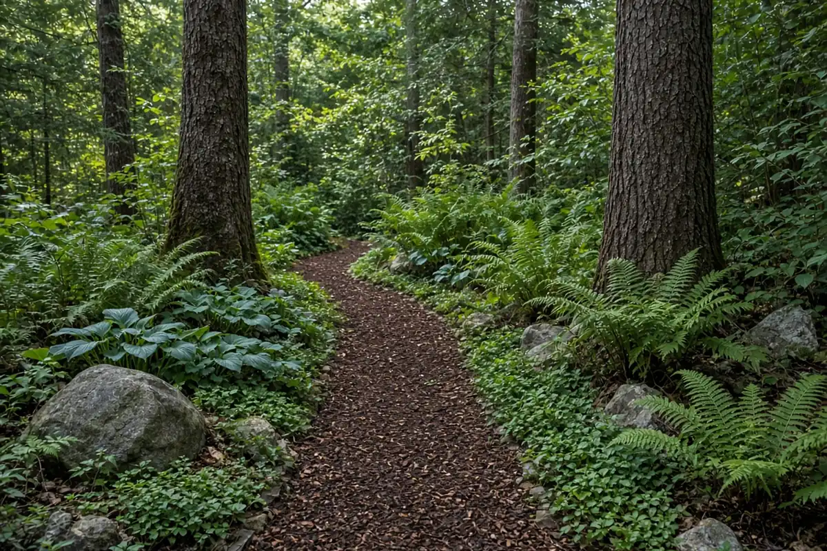 Mulched path through a woodland style shade bed