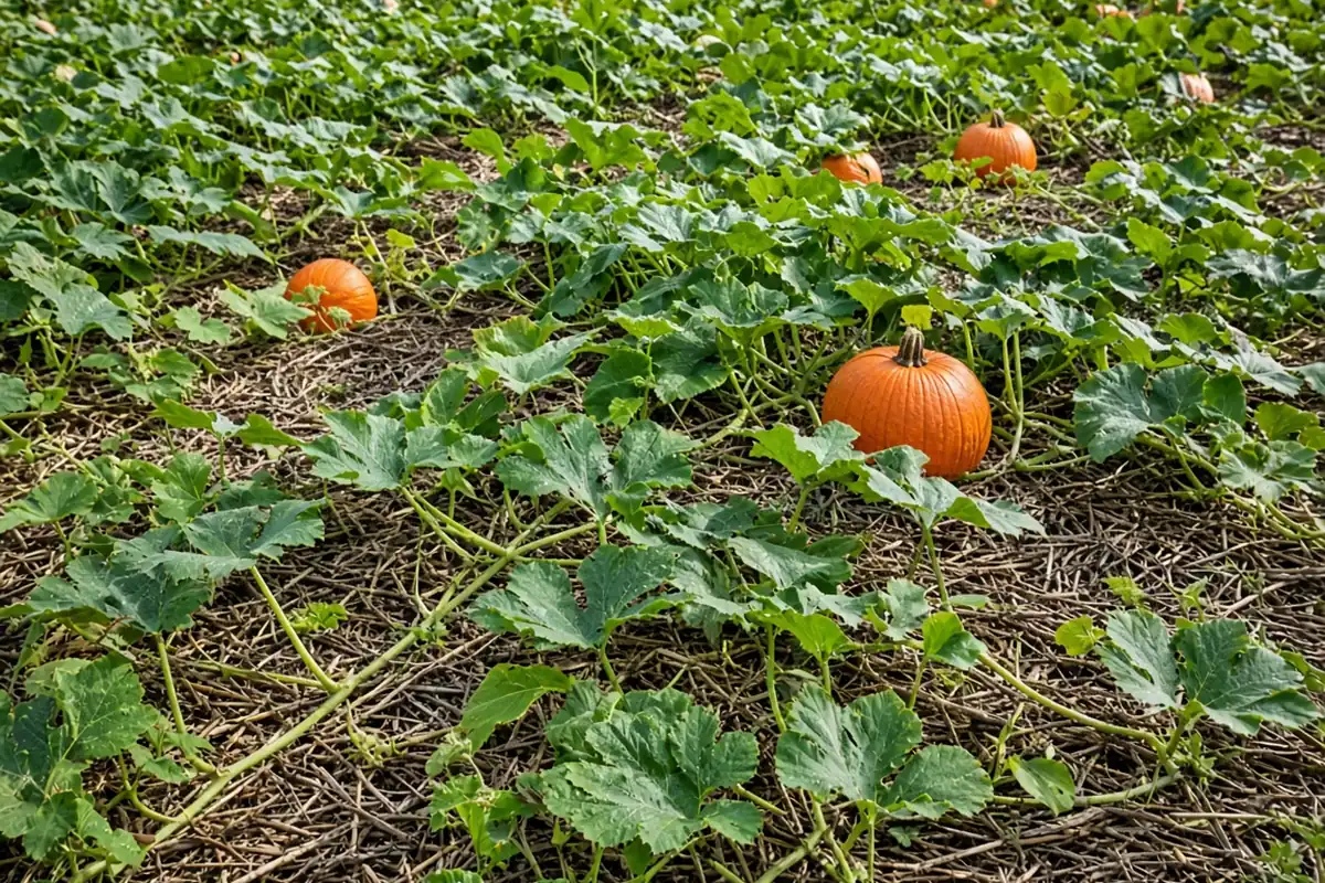 Mulched pumpkin patch with large leaves