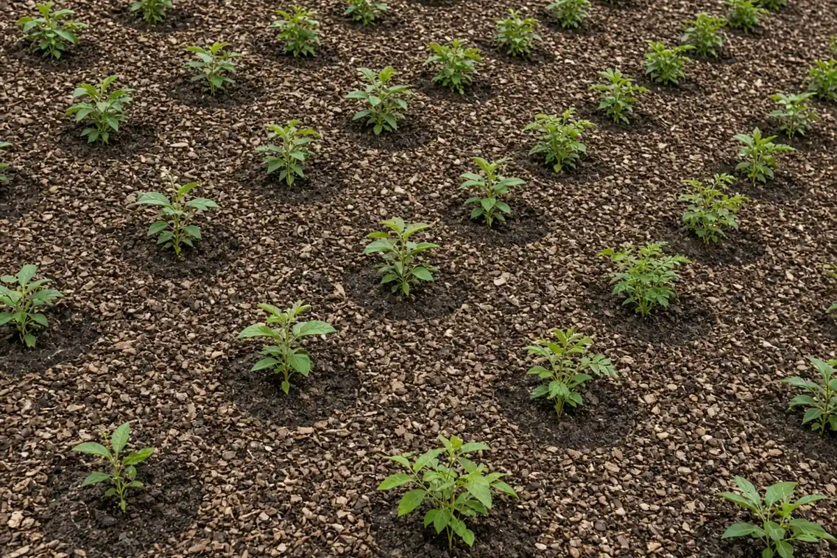 Mulched slope with staggered planting pockets