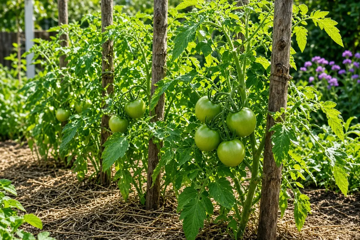 Mulched tomato bed with staked plants