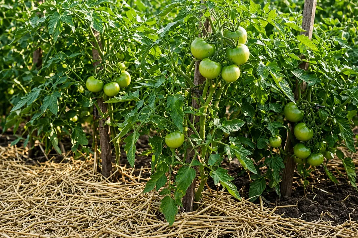 Mulched tomato plants in a garden bed