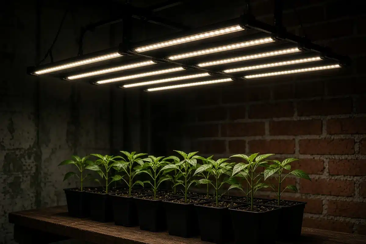 Multi bar LED fixture over a row of plants