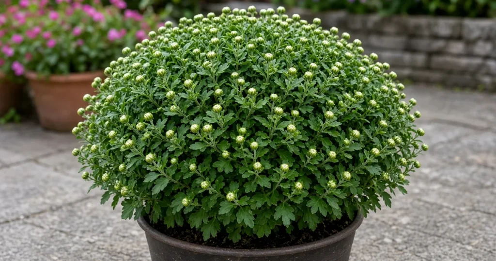 Potted mum covered in tight green buds