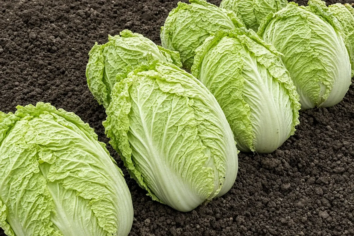 Napa cabbage heads in a bed