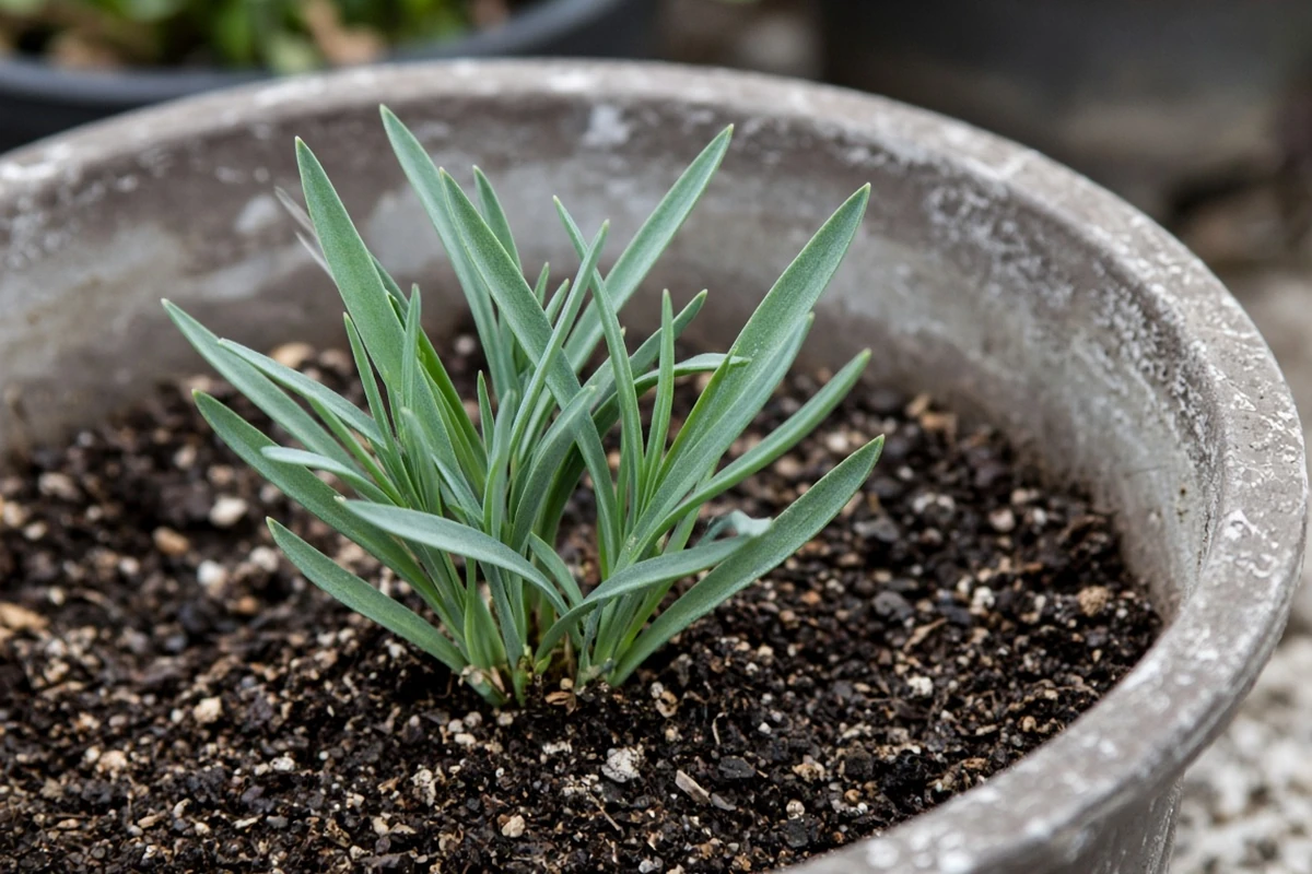 Narrow blue green dianthus seedling leaves