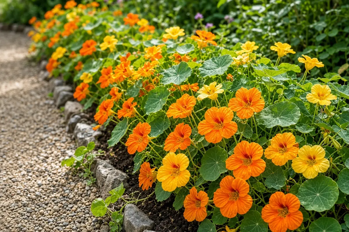 Nasturtium flowers along a garden edge
