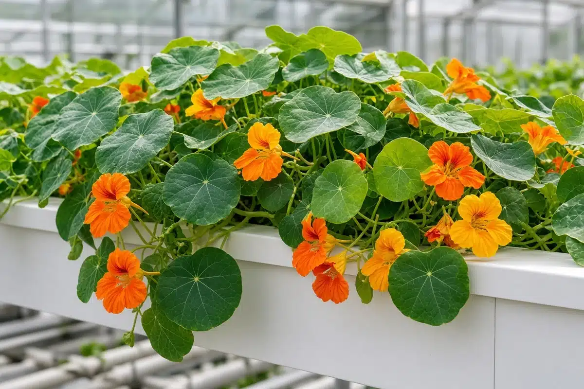 Nasturtium leaves and flowers trailing from a hydroponic channel