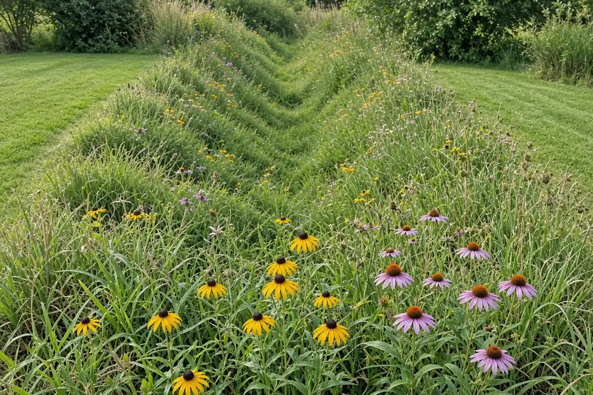 Native grasses and flowers in a shallow swale