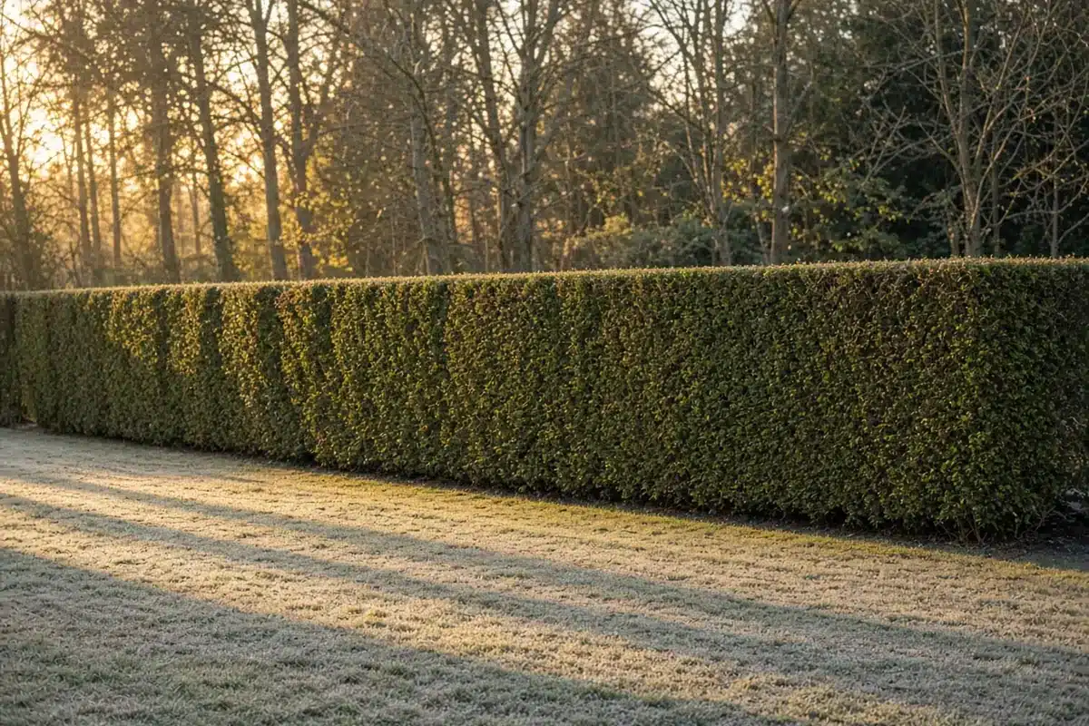 Neatly trimmed hedge in late winter light